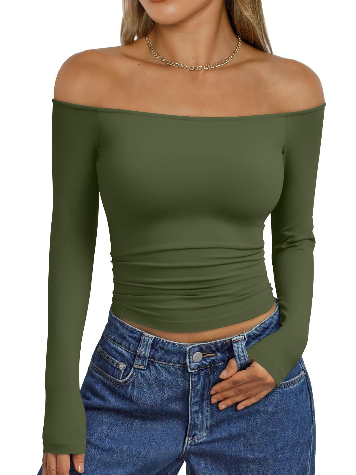Trendy Queen Womens Long Sleeve Off The Shoulder Tops Going Out Cute Basic Y2K Fall Fashion 2026 Outfits Clothes