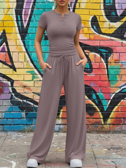 Trendy Queen Womens 2 Piece Sets Lounge Matching Set Cruise Casual Vacation Outfits Summer Wide Leg Pants Workout Clothes