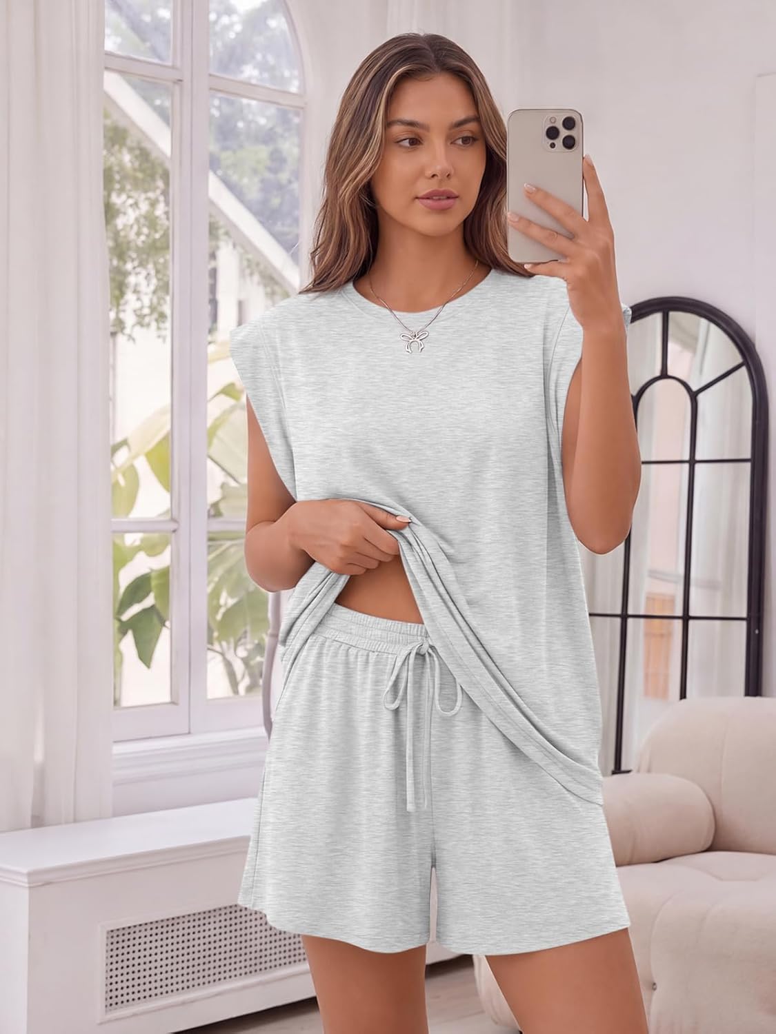 Trendy Queen 2 Piece Short Sets for Women Summer Matching Lounge Sets Cap Sleeve Tops & Loose Fit Shorts with Pockets