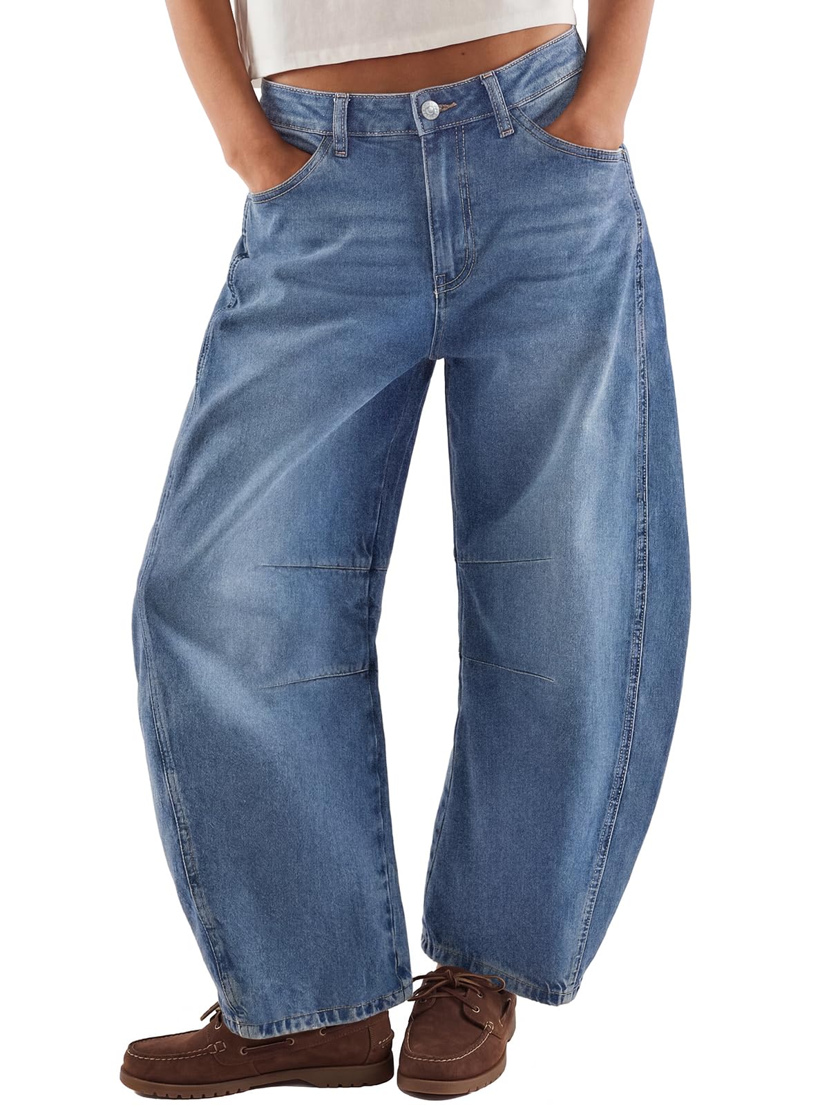 Trendy Queen Women‘s Barrel Jeans - Wide Leg & High Waisted Denim Pants with Curved Hem and Slant Pockets