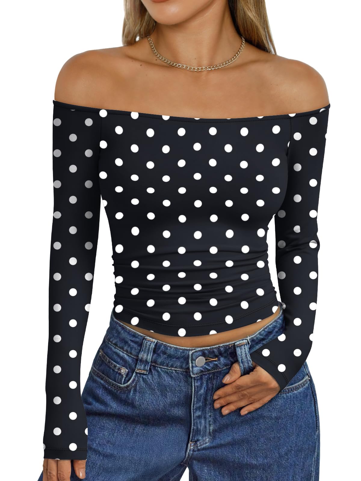 Trendy Queen Womens Long Sleeve Off The Shoulder Tops Going Out Cute Basic Y2K Fall Fashion 2026 Outfits Clothes