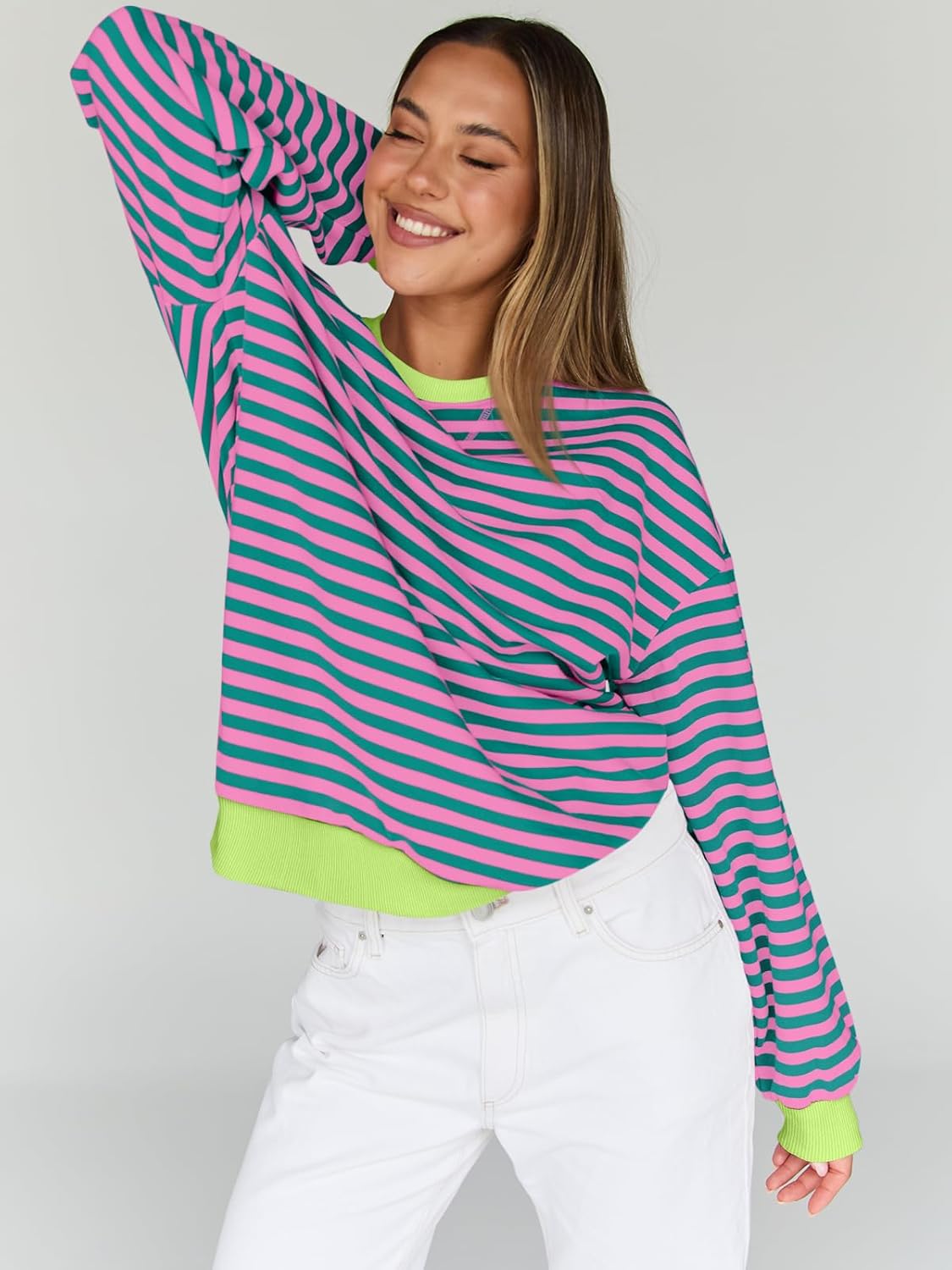 Trendy Queen Oversized Sweatshirt for Women 2026 Fall Crewneck Striped Long Sleeve Shirts Hoodies Cute Top Y2K Outfits