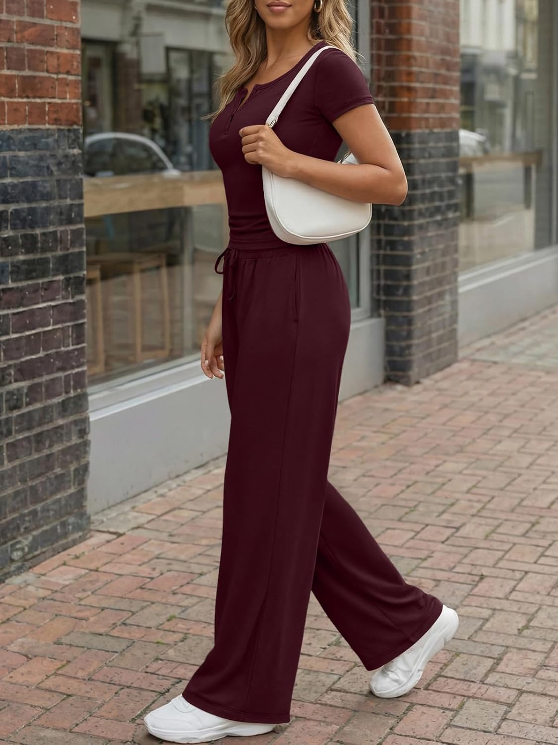 Trendy Queen Women's 2 Piece Matching Lounge Sets Summer Henley Neck Slightly Crop Top Wide Leg Pants Casual Sweat Suit
