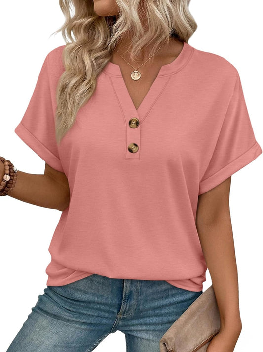 AUTOMET Womens Spring Tops 2026 Short Sleeve Shirts Henley Dressy Casual Blouses V Neck Fashion Tunics Trendy Flowy Clothing