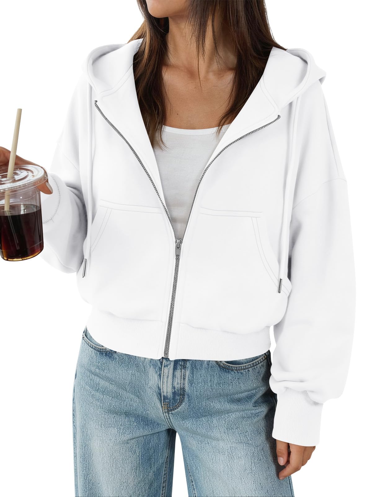 Trendy Queen Zip Up Hoodies For Women Cropped Sweatshirts Fall Fashion Outfits 2026 Y2k Fleece Teen Girls Clothes