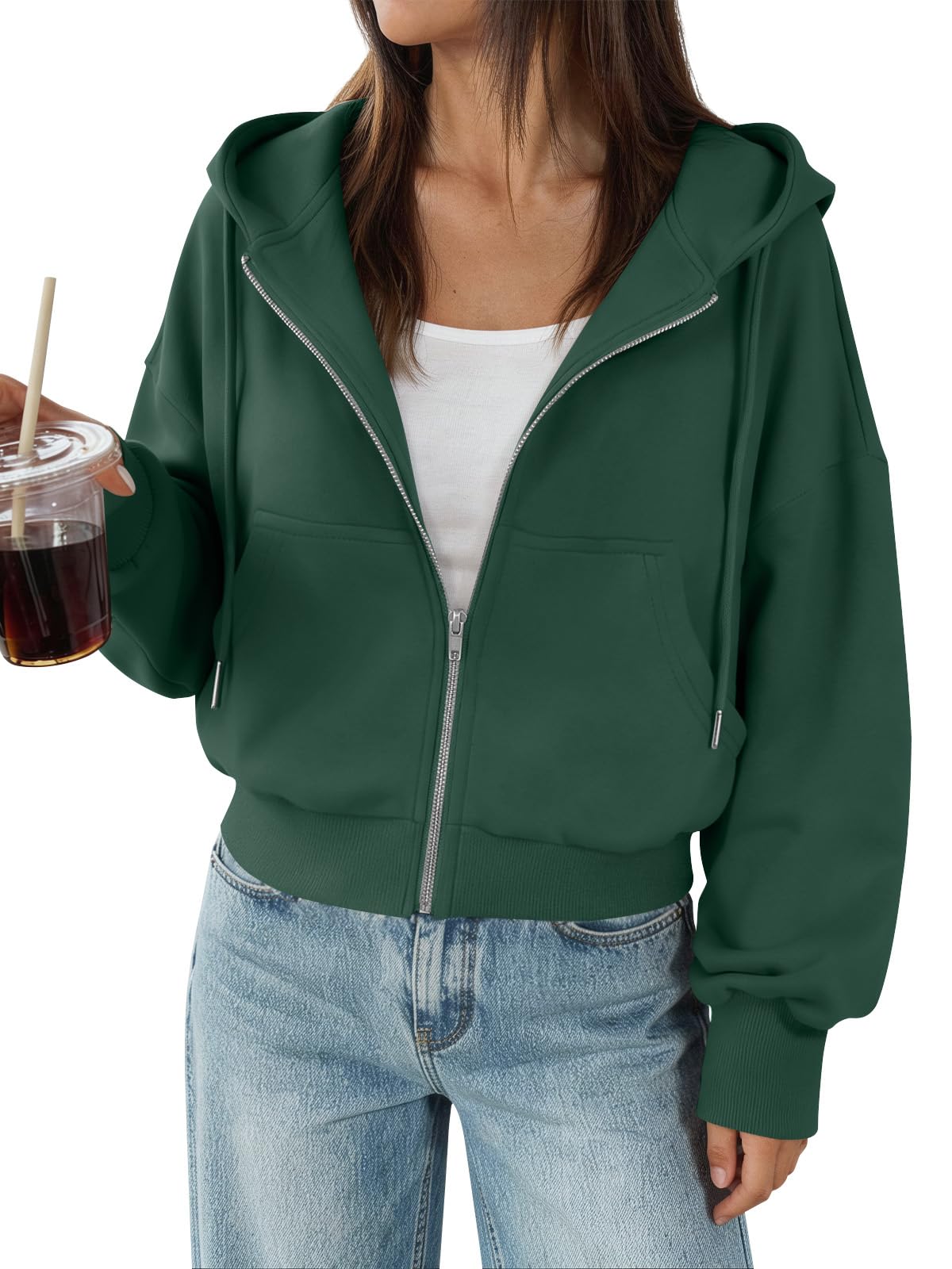 Trendy Queen Zip Up Hoodies For Women Cropped Sweatshirts Fall Fashion Outfits 2026 Y2k Fleece Teen Girls Clothes