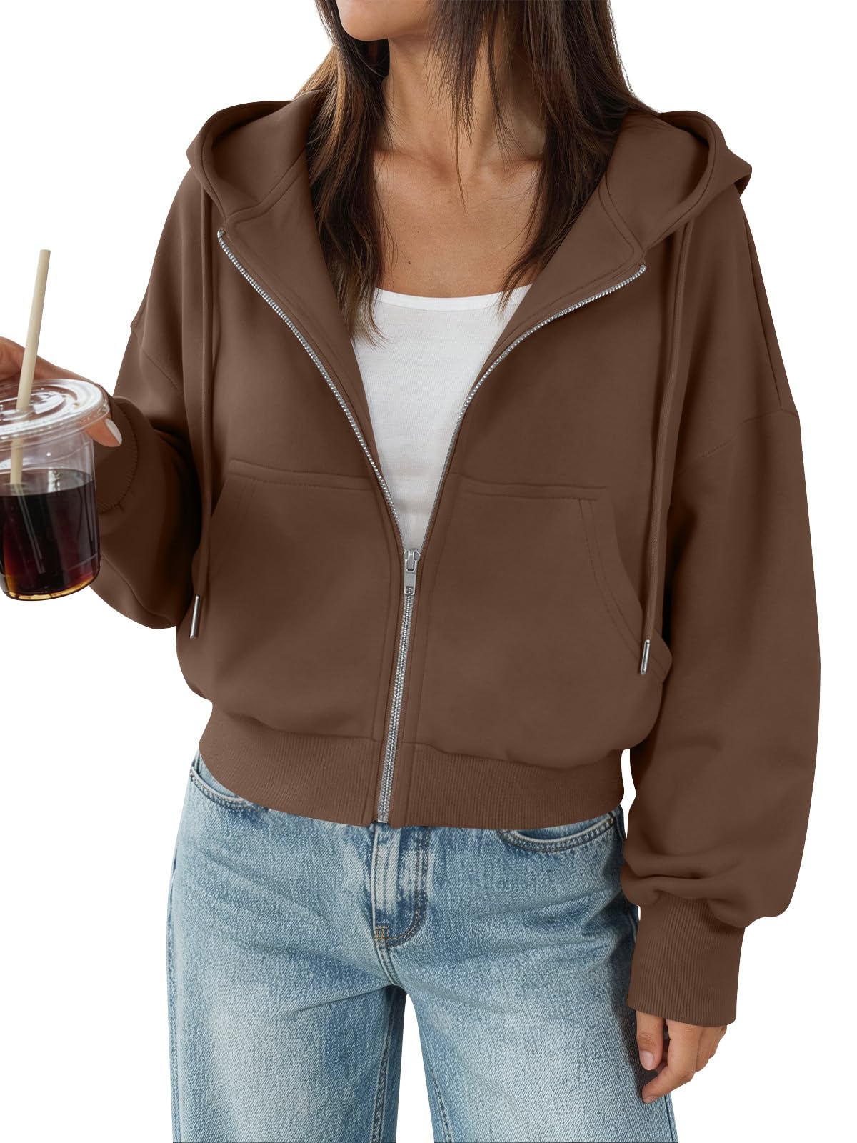 Trendy Queen Zip Up Hoodies For Women Cropped Sweatshirts Fall Fashion Outfits 2026 Y2k Fleece Teen Girls Clothes