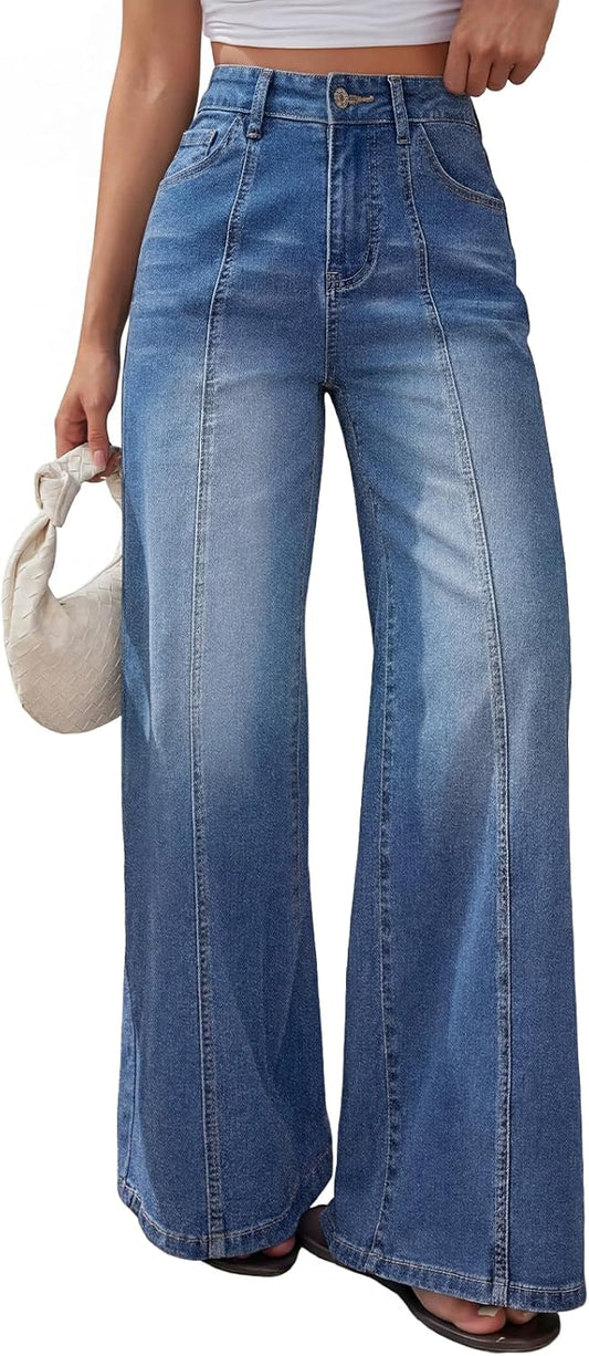 Trendy Queen Women's Wide Leg Baggy Jeans High Waisted Denim Pants Front Seam