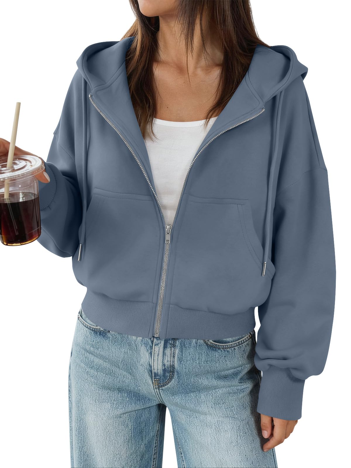 Trendy Queen Zip Up Hoodies For Women Cropped Sweatshirts Fall Fashion Outfits 2026 Y2k Fleece Teen Girls Clothes