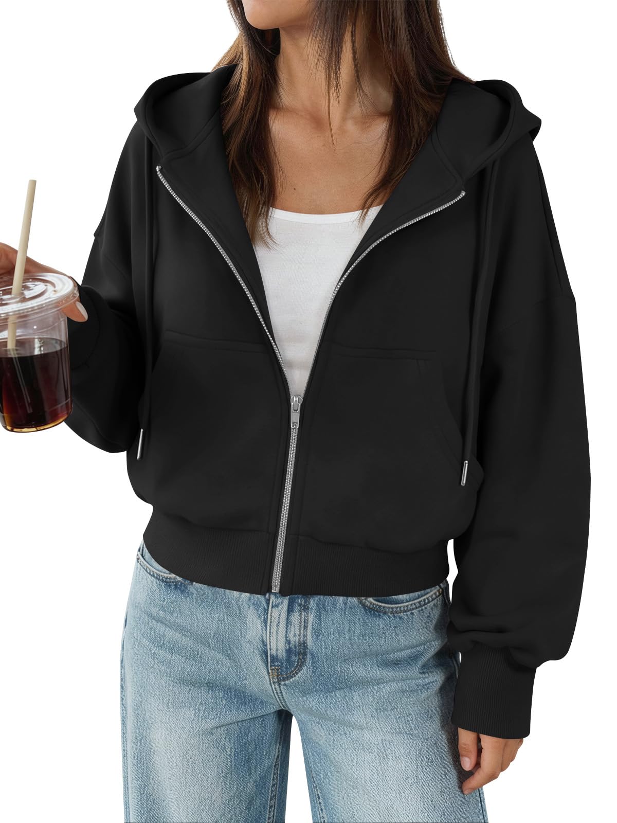 Trendy Queen Zip Up Hoodies For Women Cropped Sweatshirts Fall Fashion Outfits 2026 Y2k Fleece Teen Girls Clothes