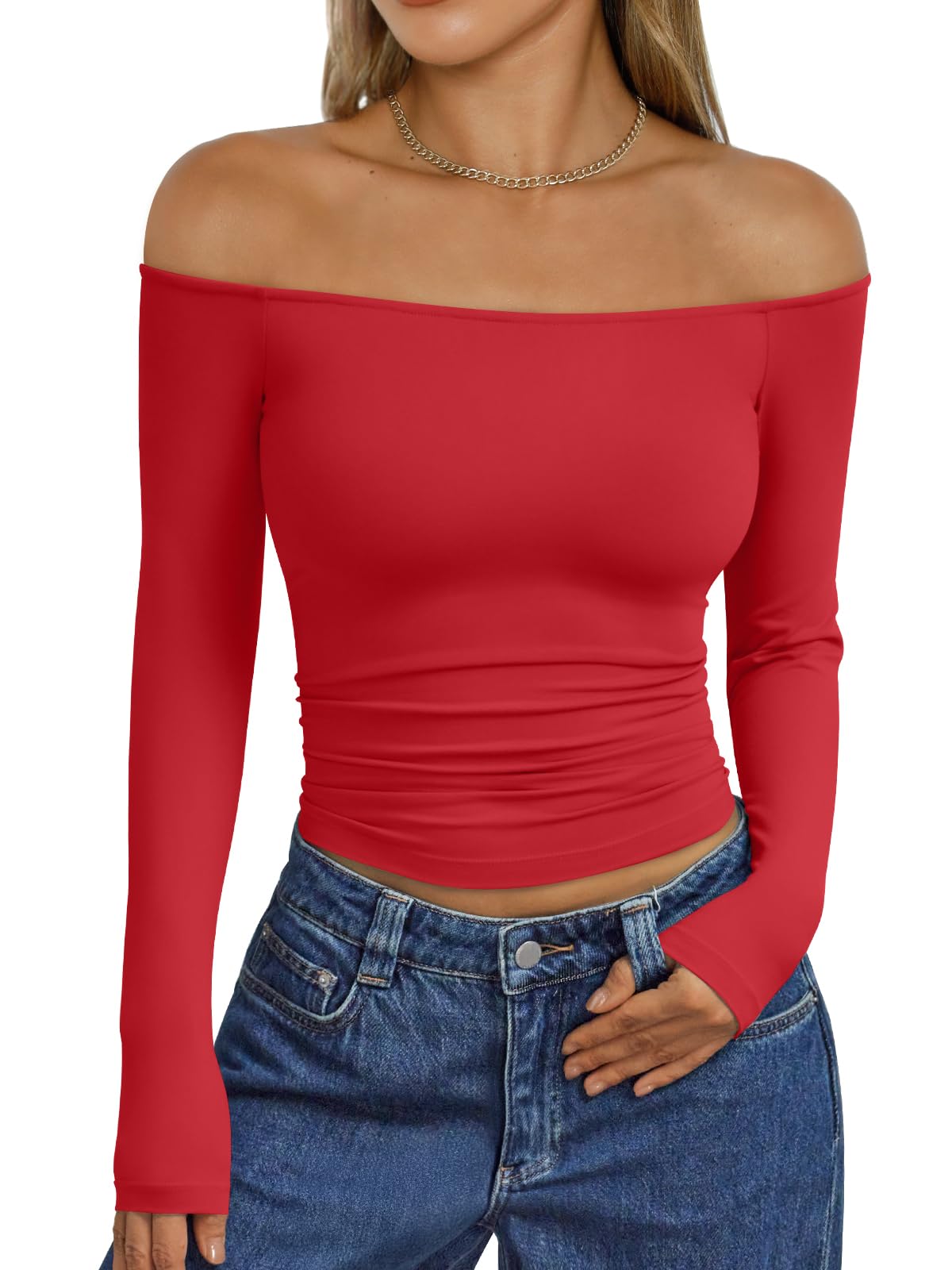 Trendy Queen Womens Long Sleeve Off The Shoulder Tops Going Out Cute Basic Y2K Fall Fashion 2026 Outfits Clothes