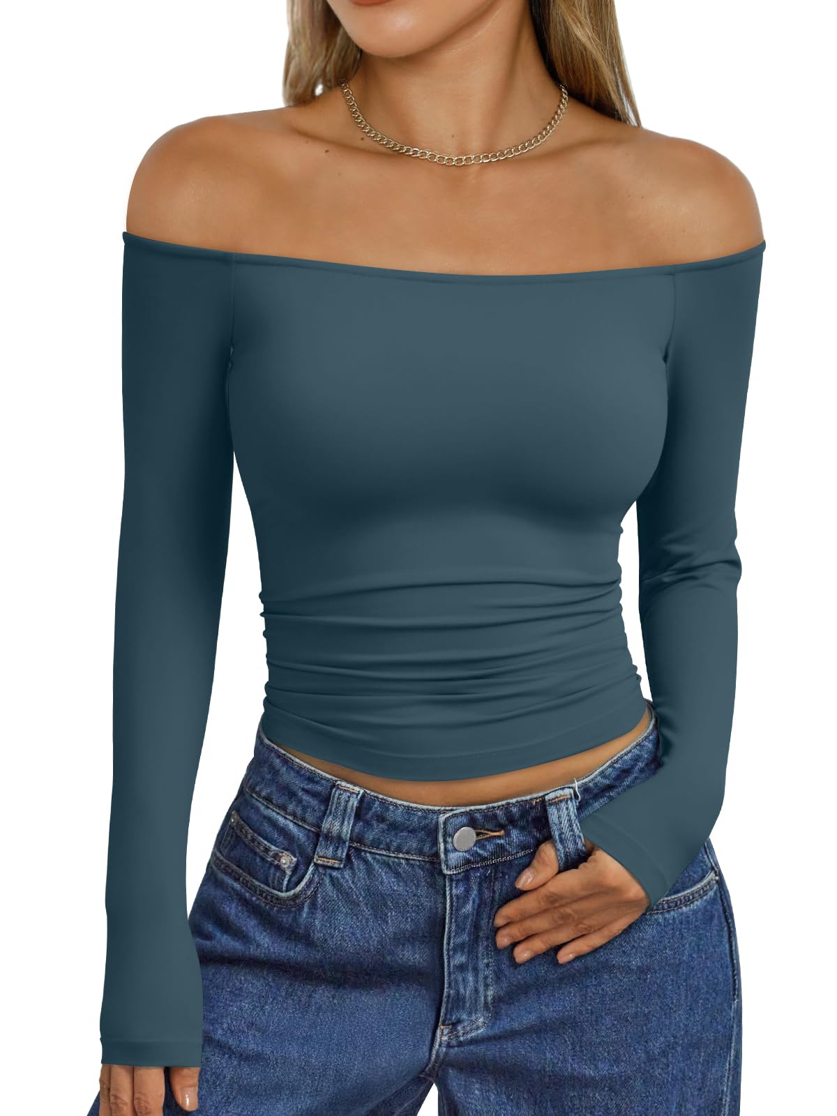 Trendy Queen Womens Long Sleeve Off The Shoulder Tops Going Out Cute Basic Y2K Fall Fashion 2026 Outfits Clothes