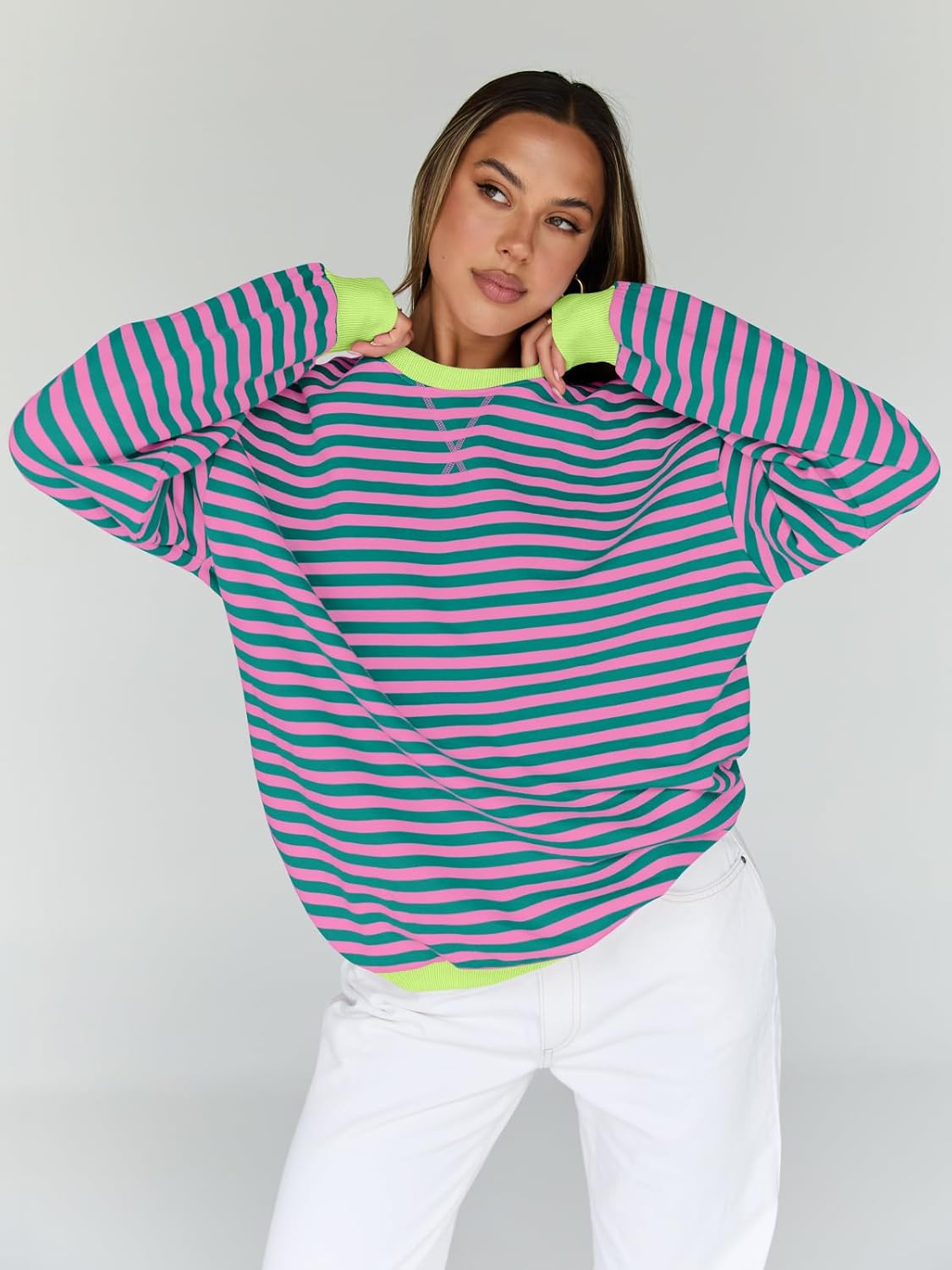 Trendy Queen Oversized Sweatshirt for Women 2026 Fall Crewneck Striped Long Sleeve Shirts Hoodies Cute Top Y2K Outfits