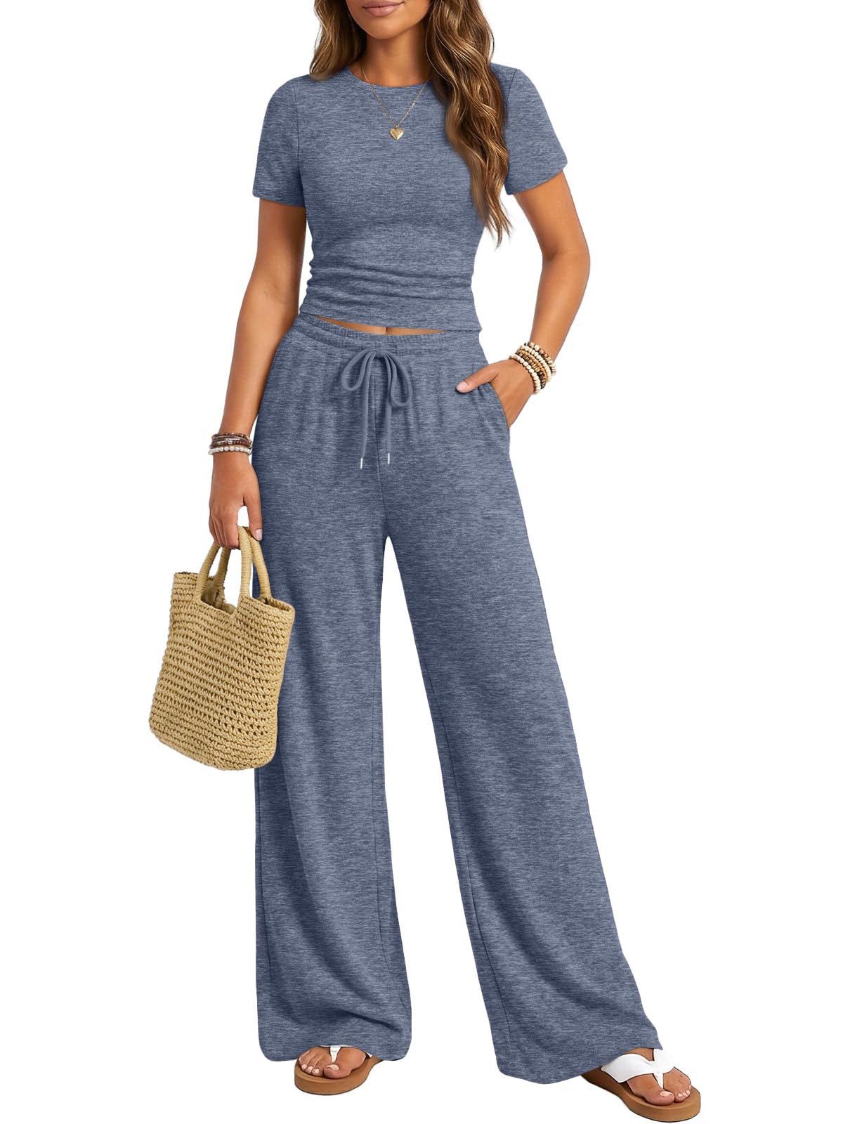Trendy Queen Womens 2 Piece Lounge Matching Sets Wide Leg Pants Crew Neck Short Sleeve Shirt Sweatsuits