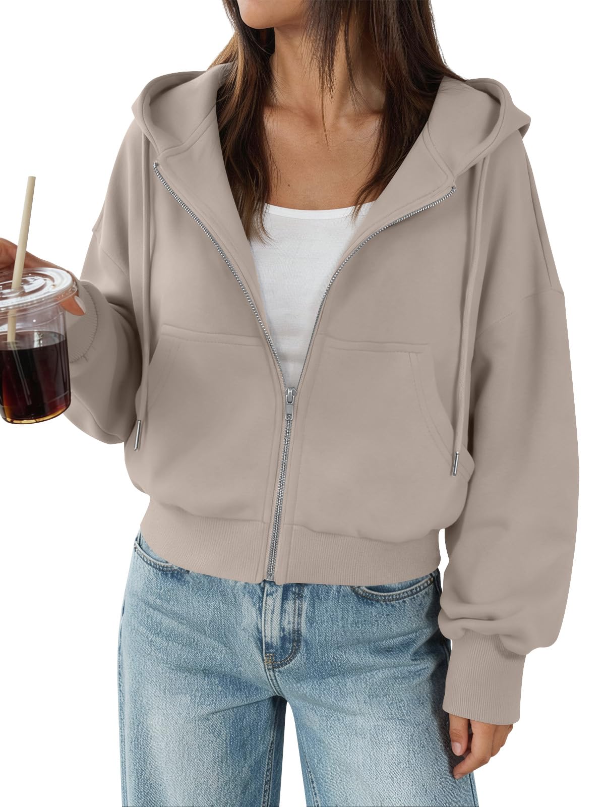 Trendy Queen Zip Up Hoodies For Women Cropped Sweatshirts Fall Fashion Outfits 2026 Y2k Fleece Teen Girls Clothes