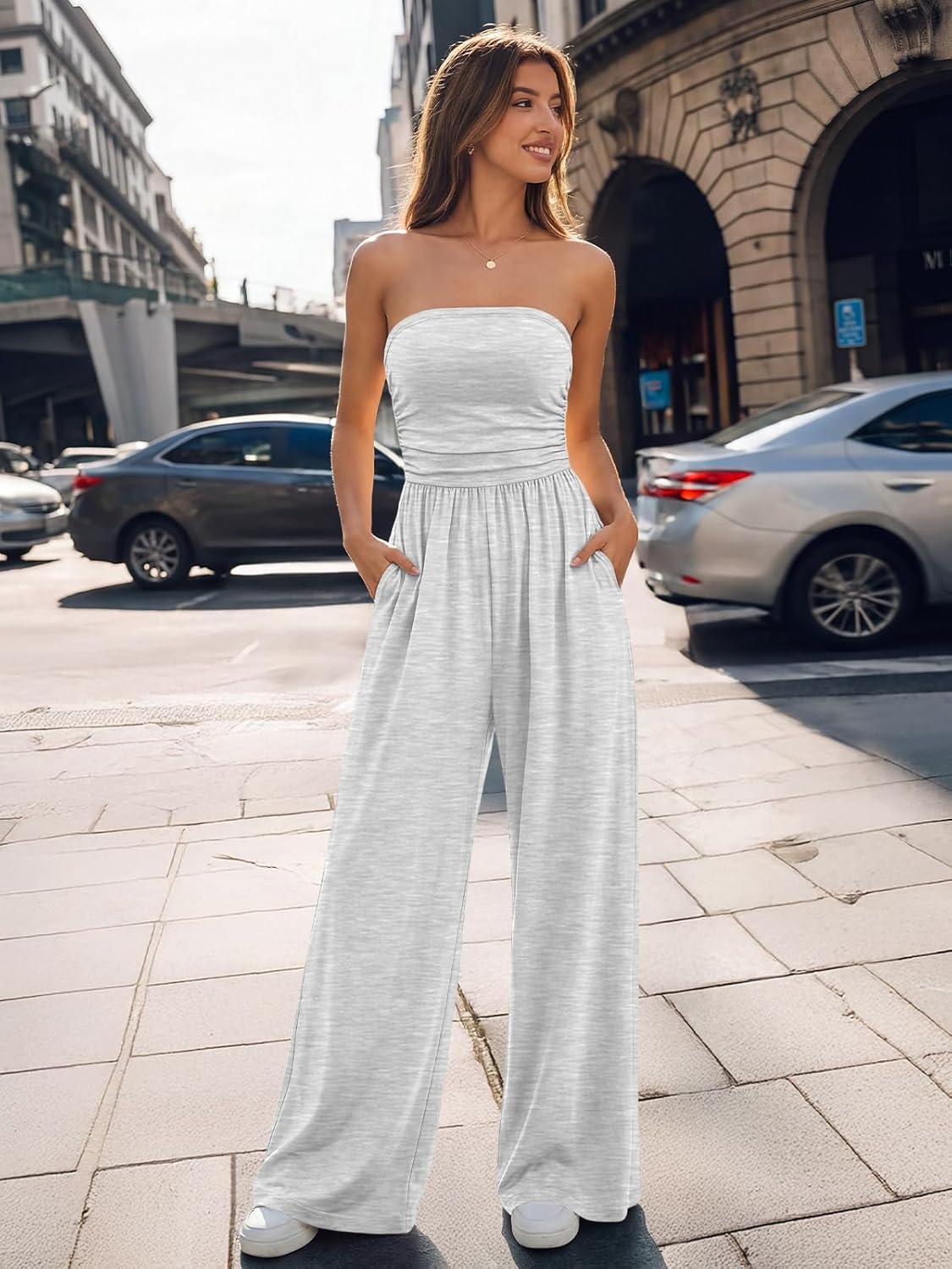 Trendy Queen Womens One Piece Strapless Jumpsuit 2026 Casual Ruched Tube Top Wide Leg Romper Beach Vacation Summer Outfits