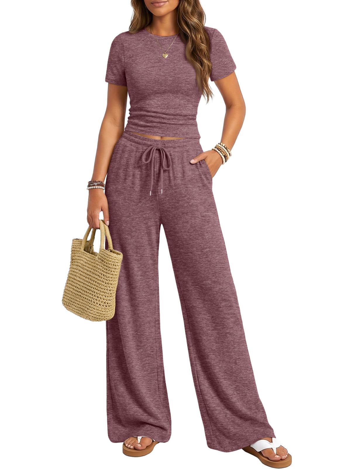 Trendy Queen Womens 2 Piece Lounge Matching Sets Wide Leg Pants Crew Neck Short Sleeve Shirt Sweatsuits
