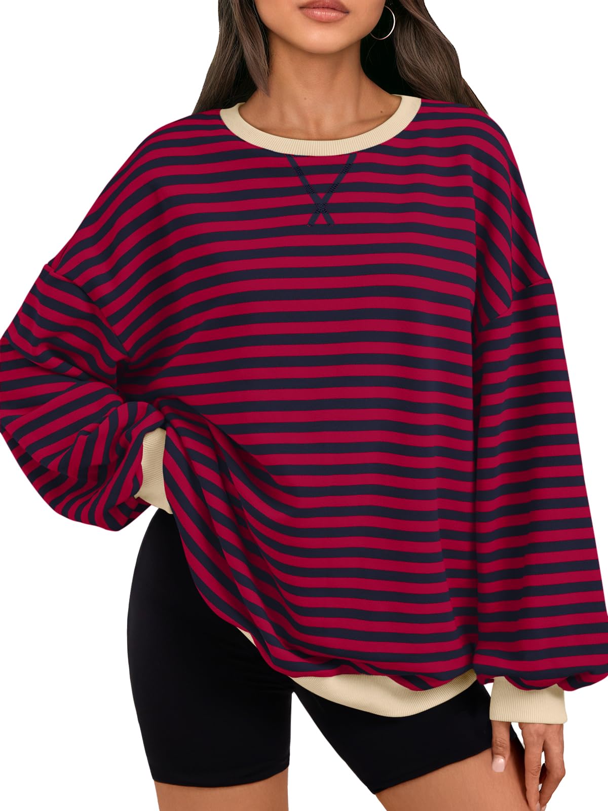 Trendy Queen Oversized Sweatshirt for Women 2026 Fall Crewneck Striped Long Sleeve Shirts Hoodies Cute Top Y2K Outfits