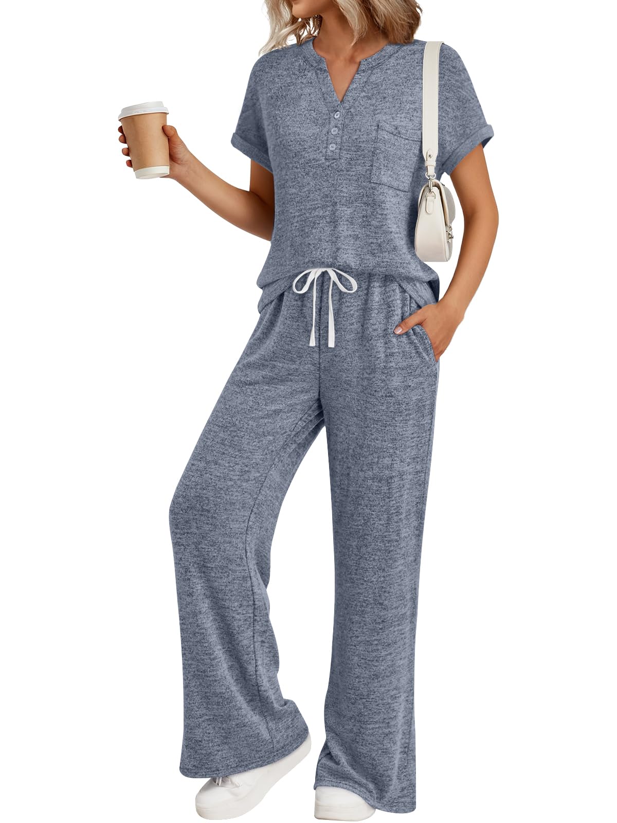Trendy Queen 2 Piece Lounge Sets for Women Summer 2026 Henley Sweatsuit Travel Vacation Airport Outfits Pajamas Sets