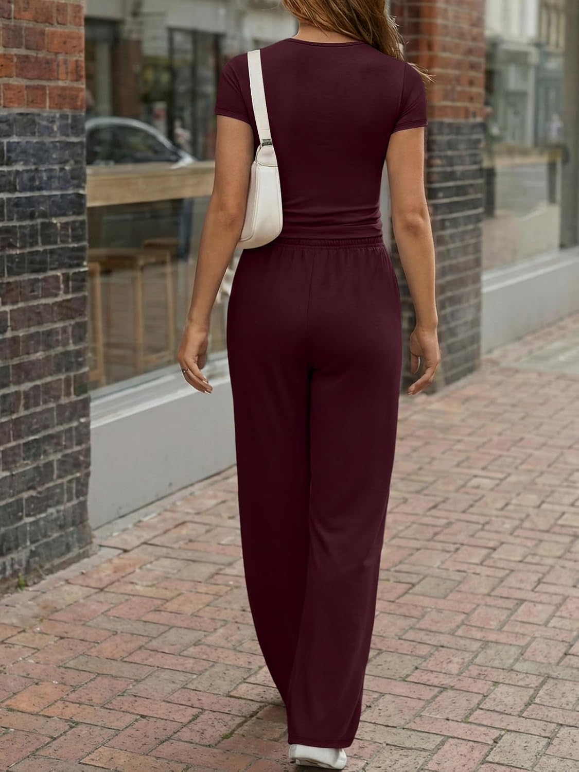Trendy Queen Women's 2 Piece Matching Lounge Sets Summer Henley Neck Slightly Crop Top Wide Leg Pants Casual Sweat Suit