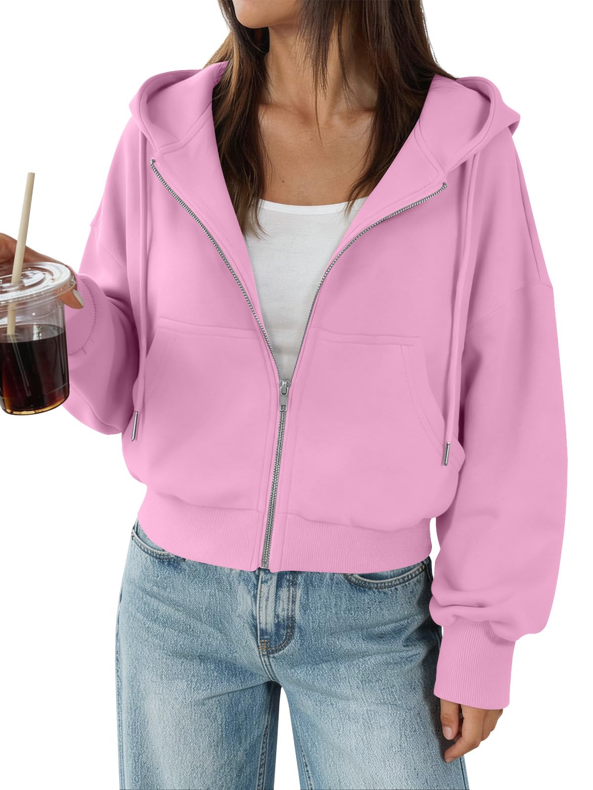 Trendy Queen Zip Up Hoodies For Women Cropped Sweatshirts Fall Fashion Outfits 2026 Y2k Fleece Teen Girls Clothes