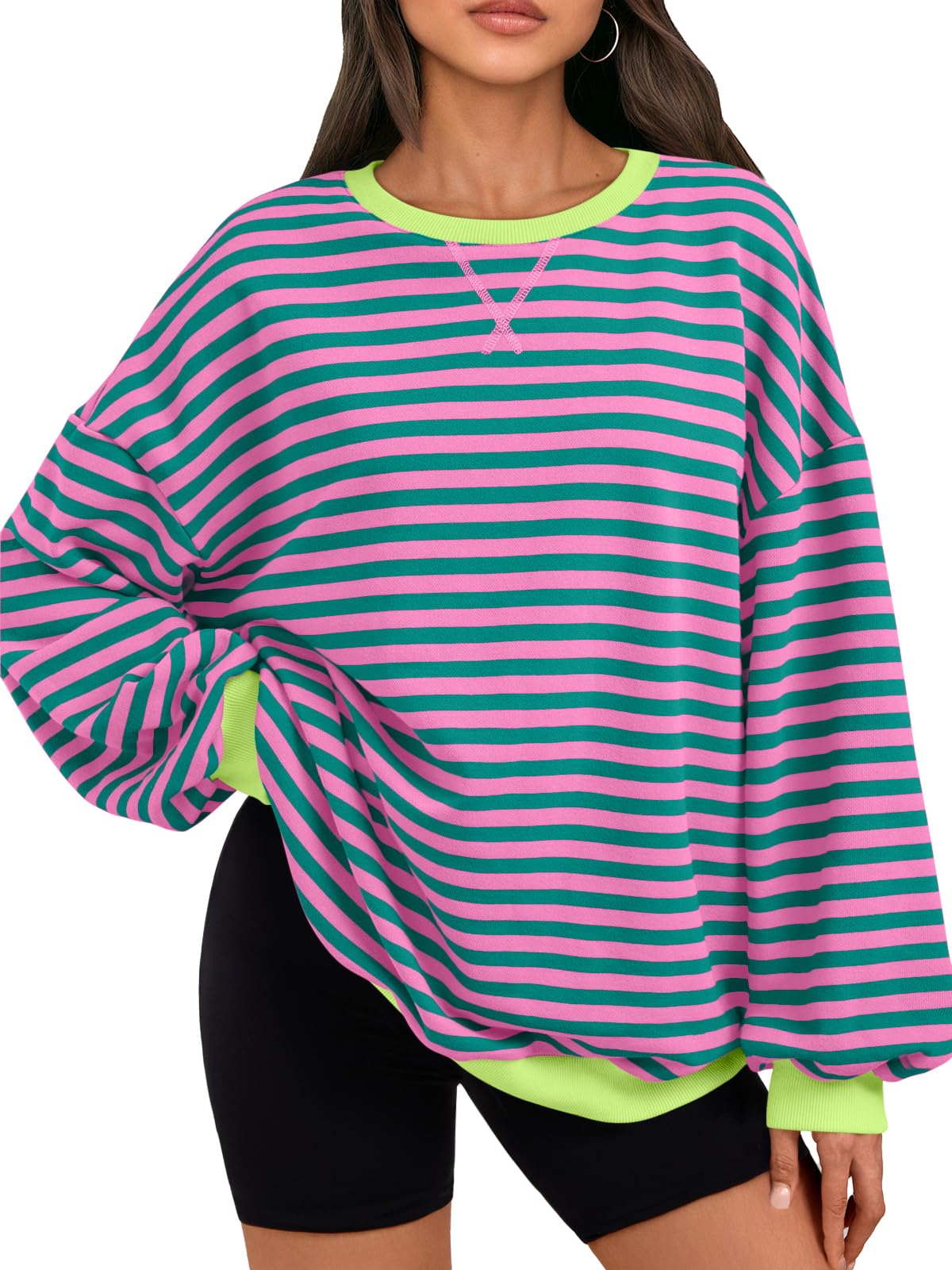 Trendy Queen Oversized Sweatshirt for Women 2026 Fall Crewneck Striped Long Sleeve Shirts Hoodies Cute Top Y2K Outfits
