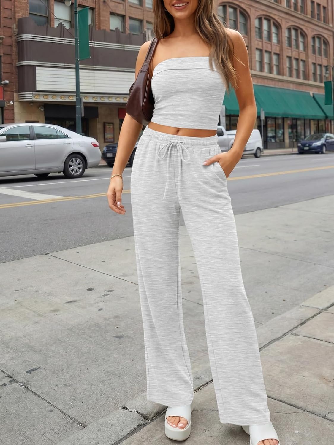 Trendy Queen 2 Piece Vacation Outfits for Women Summer Travel Outfits 2026 Spring Fashion Tube Tops Wide Leg Pants