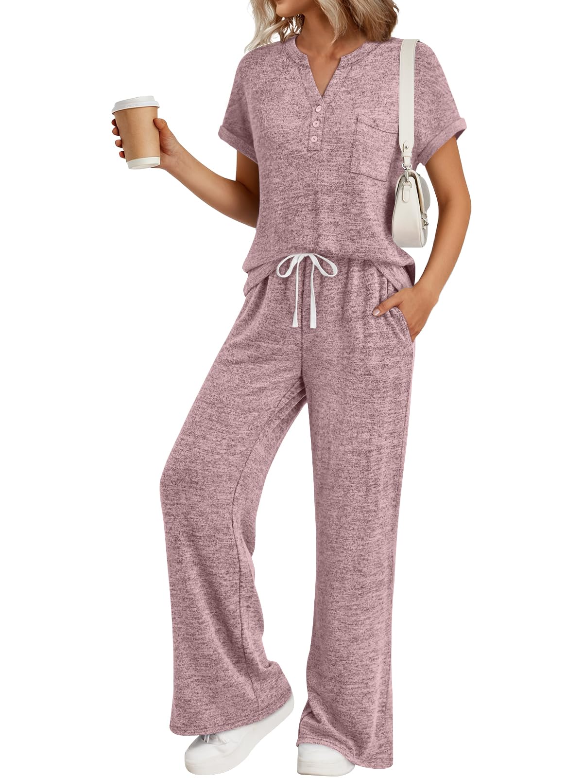 Trendy Queen 2 Piece Lounge Sets for Women Summer 2026 Henley Sweatsuit Travel Vacation Airport Outfits Pajamas Sets