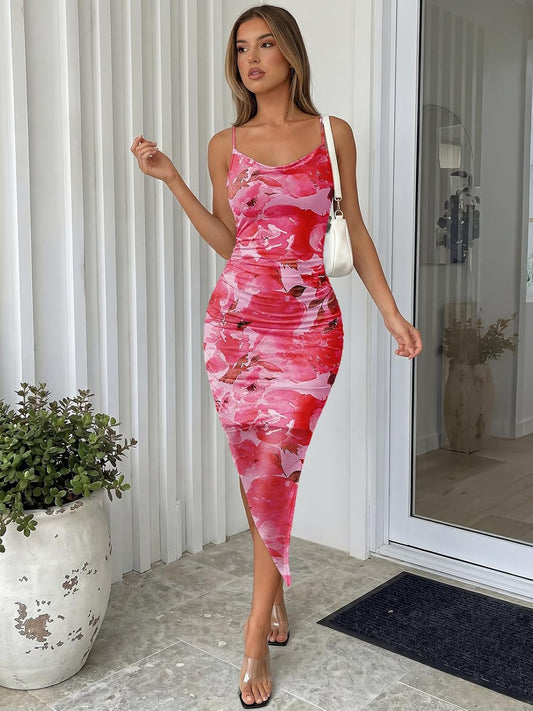 Trendy Queen Women Tie Dye Backless Split Hem Summer Beach Midi Mesh Dresses
