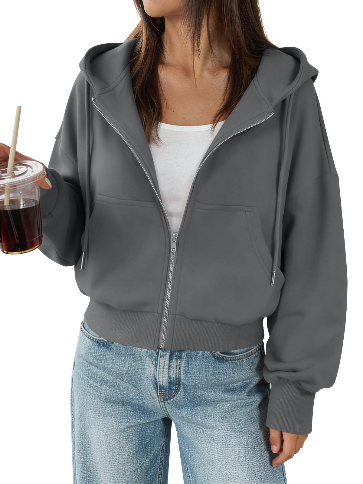 Trendy Queen Zip Up Hoodies For Women Cropped Sweatshirts Fall Fashion Outfits 2026 Y2k Fleece Teen Girls Clothes