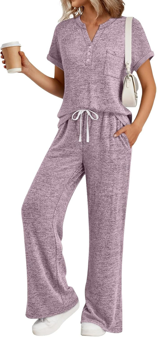 Trendy Queen 2 Piece Lounge Sets for Women Summer 2026 Henley Sweatsuit Travel Vacation Airport Outfits Pajamas Sets