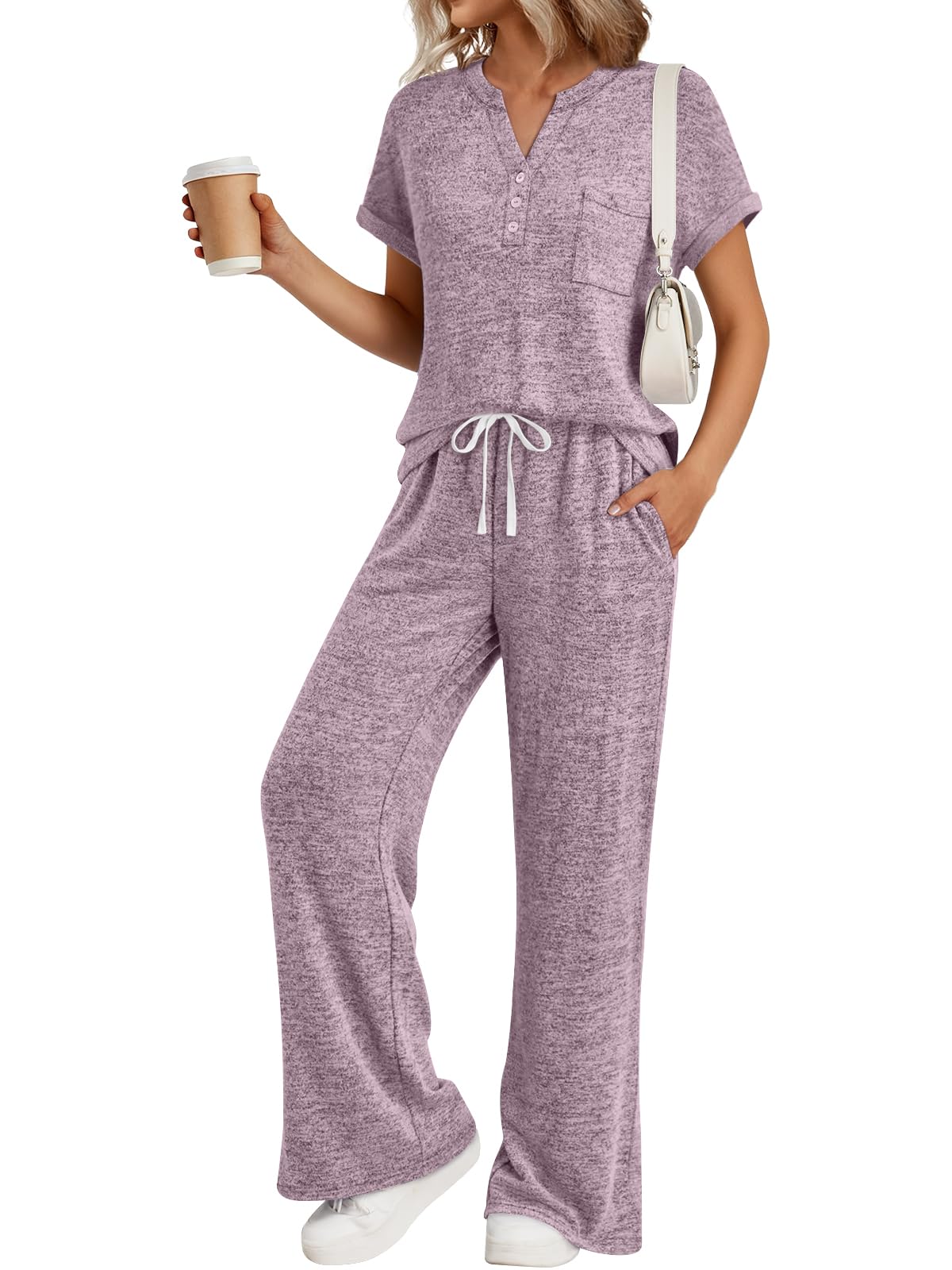 Trendy Queen 2 Piece Lounge Sets for Women Summer 2026 Henley Sweatsuit Travel Vacation Airport Outfits Pajamas Sets