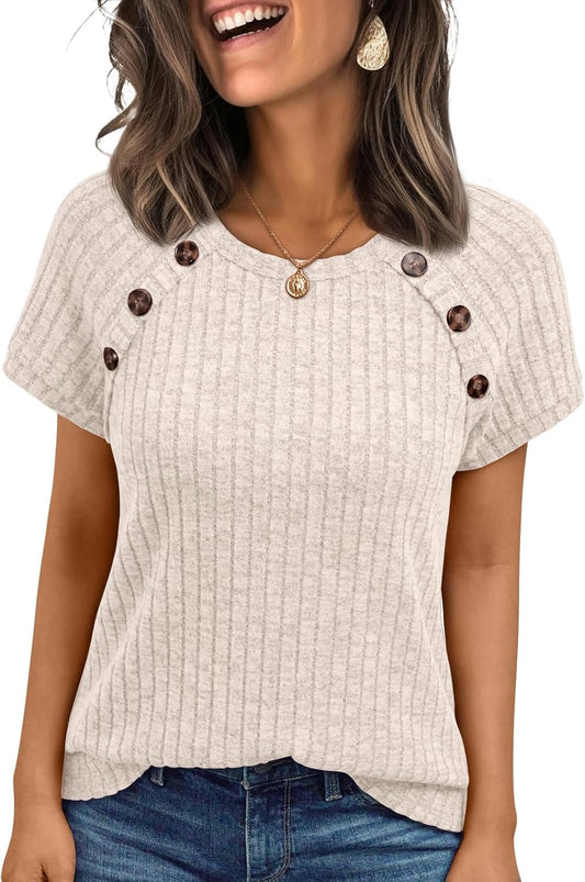 AUTOMET Women's Short Sleeve Decorative Buttons Shirts Business Casual Tops
