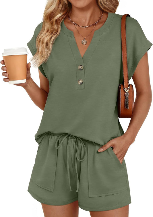 LILLUSORY 2 Piece Summer Set 2026 Henley Top & Drawstring Shorts with Pockets