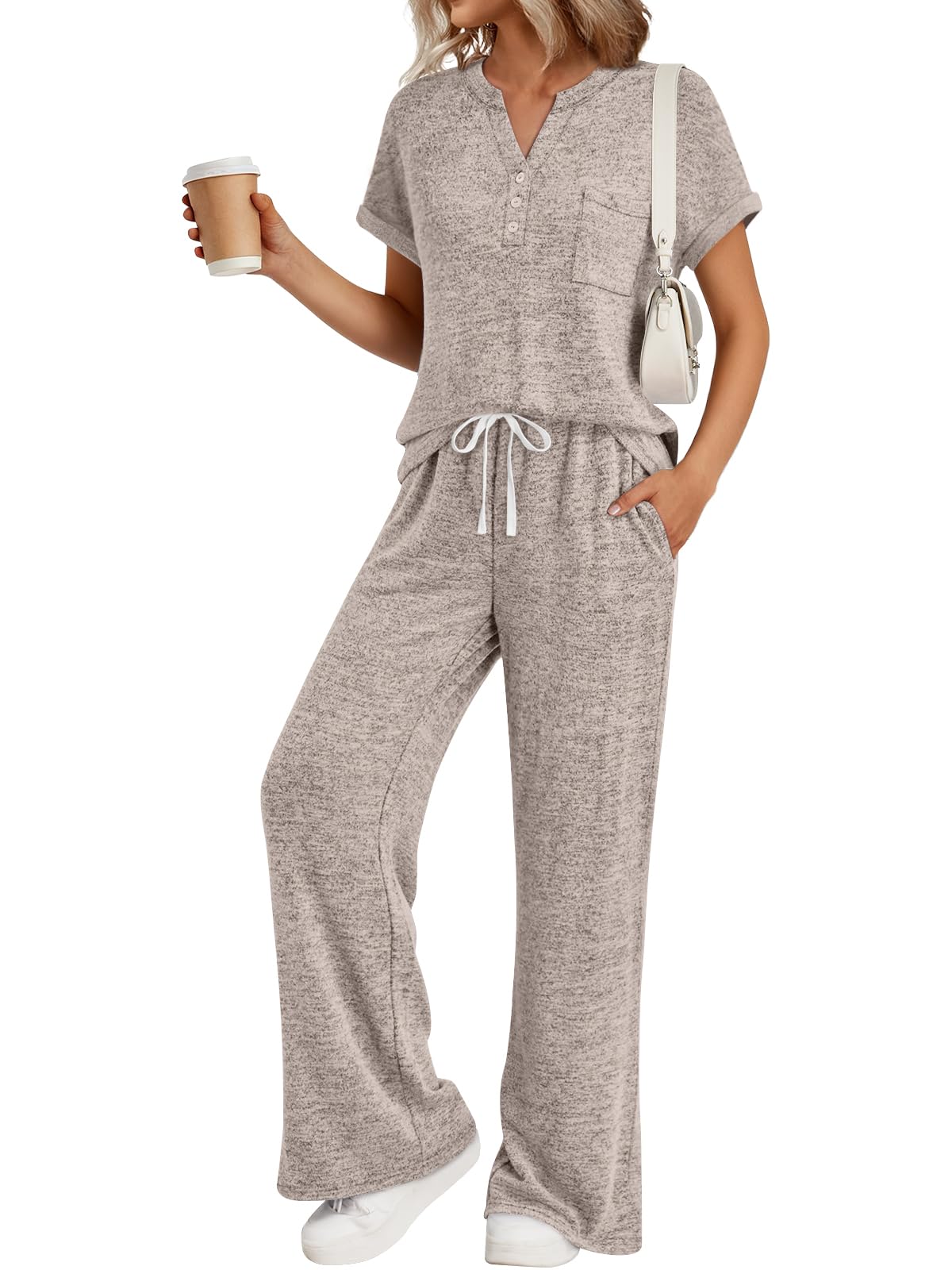 Trendy Queen 2 Piece Lounge Sets for Women Summer 2026 Henley Sweatsuit Travel Vacation Airport Outfits Pajamas Sets