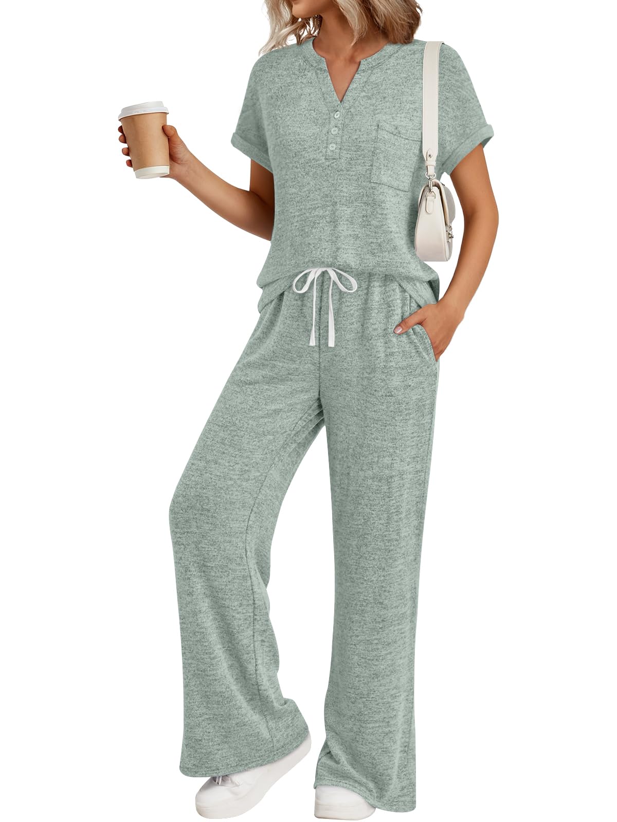 Trendy Queen 2 Piece Lounge Sets for Women Summer 2026 Henley Sweatsuit Travel Vacation Airport Outfits Pajamas Sets
