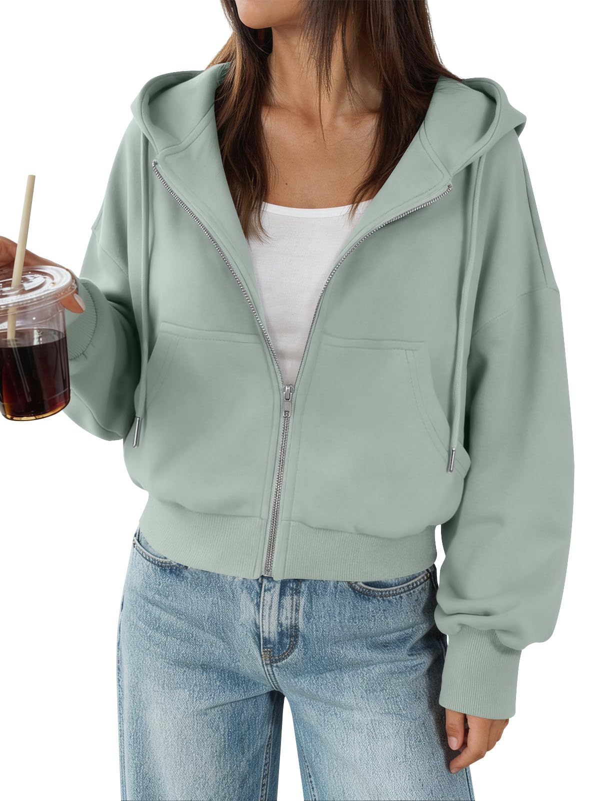Trendy Queen Zip Up Hoodies For Women Cropped Sweatshirts Fall Fashion Outfits 2026 Y2k Fleece Teen Girls Clothes