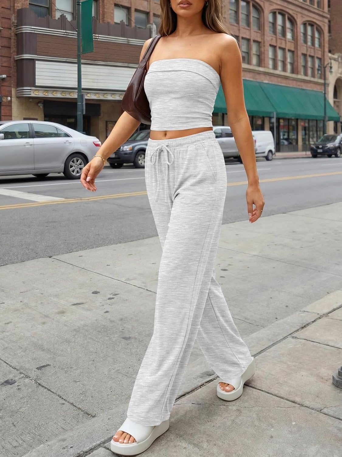 Trendy Queen 2 Piece Vacation Outfits for Women Summer Travel Outfits 2026 Spring Fashion Tube Tops Wide Leg Pants
