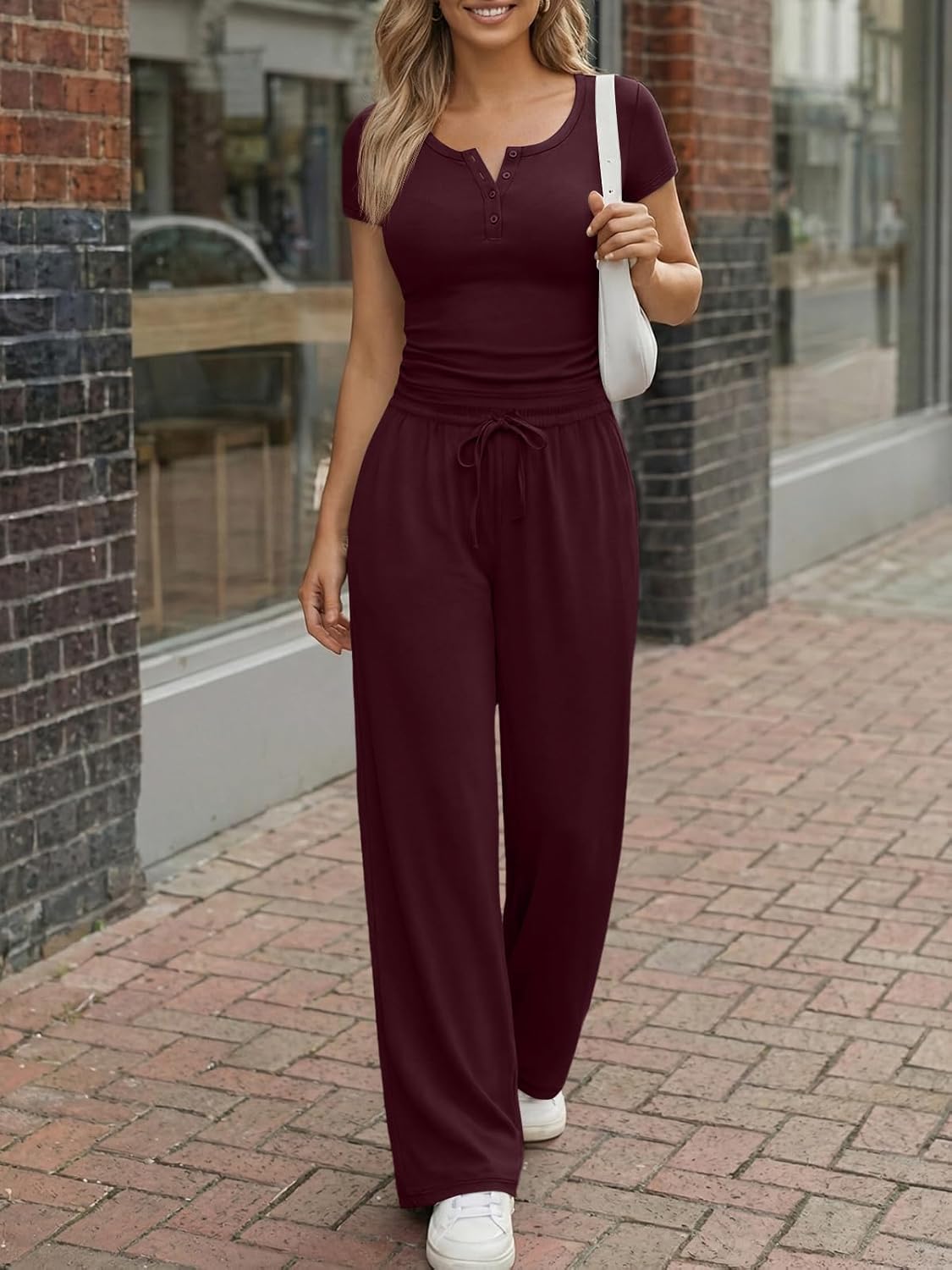 Trendy Queen Women's 2 Piece Matching Lounge Sets Summer Henley Neck Slightly Crop Top Wide Leg Pants Casual Sweat Suit