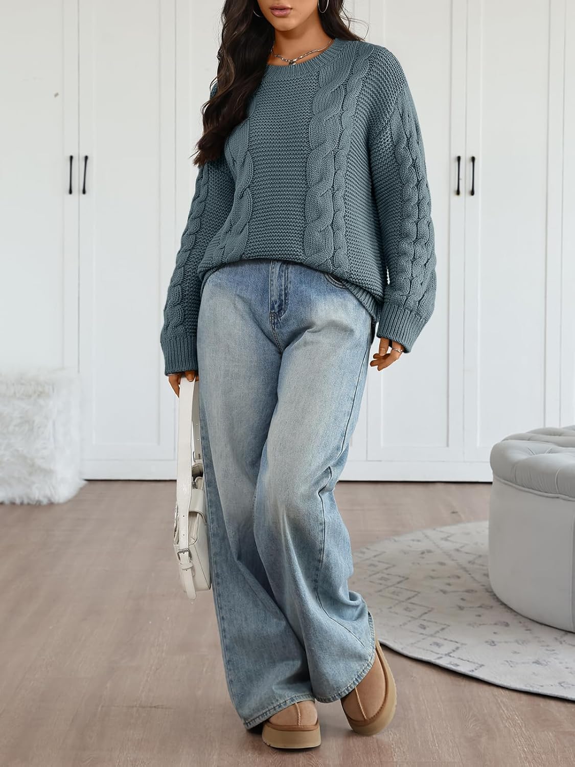 Trendy Queen Cable Knit Oversized Sweaters Womens Cozy Pullover Sweater Fall Winter Clothes