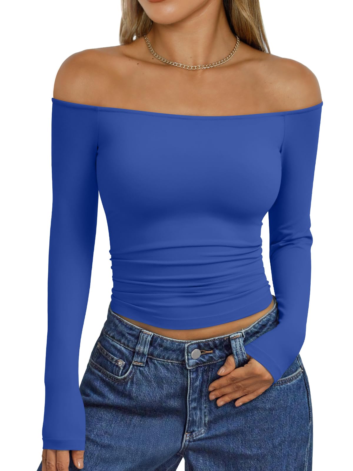 Trendy Queen Womens Long Sleeve Off The Shoulder Tops Going Out Cute Basic Y2K Fall Fashion 2026 Outfits Clothes