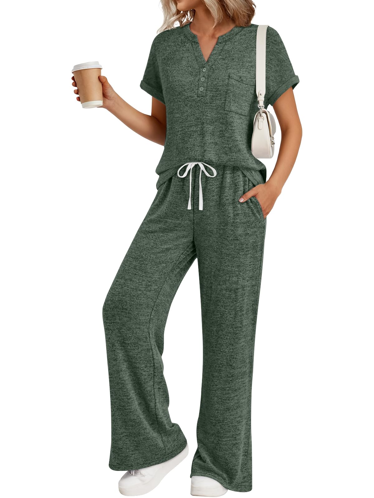 Trendy Queen 2 Piece Lounge Sets for Women Summer 2026 Henley Sweatsuit Travel Vacation Airport Outfits Pajamas Sets