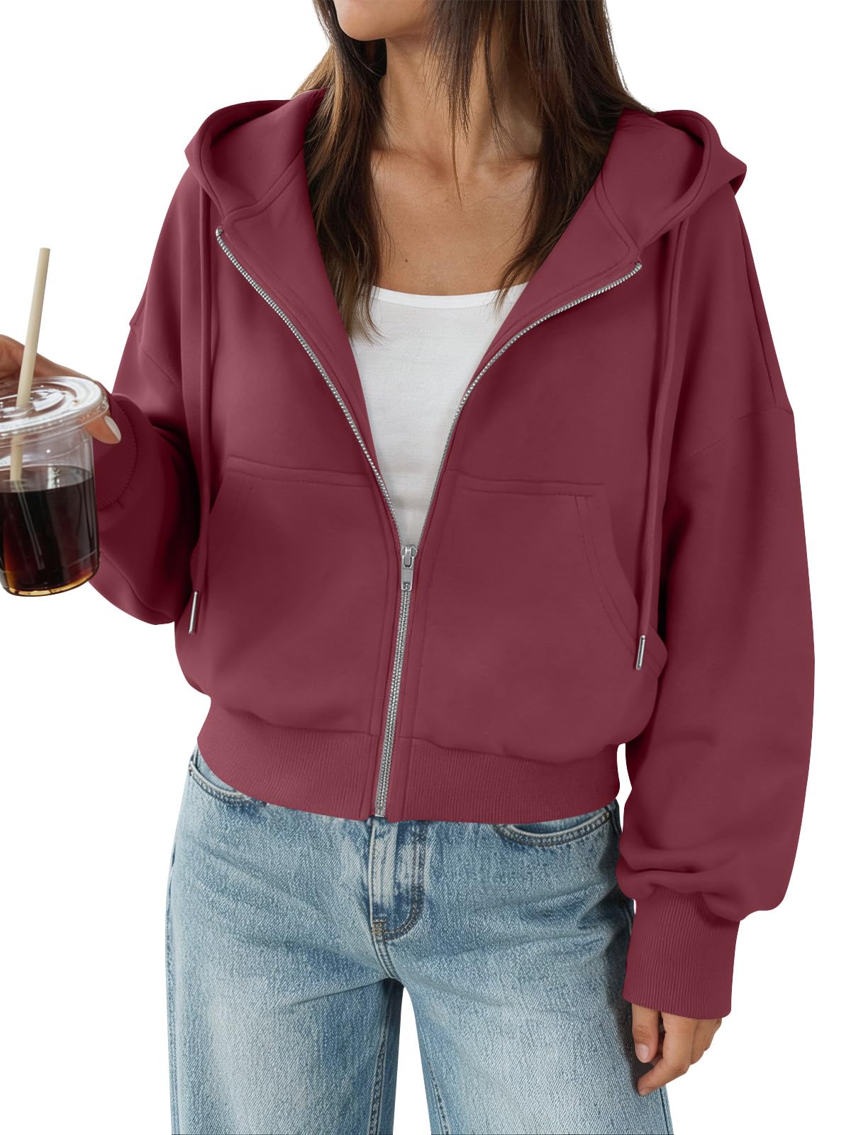 Trendy Queen Zip Up Hoodies For Women Cropped Sweatshirts Fall Fashion Outfits 2026 Y2k Fleece Teen Girls Clothes
